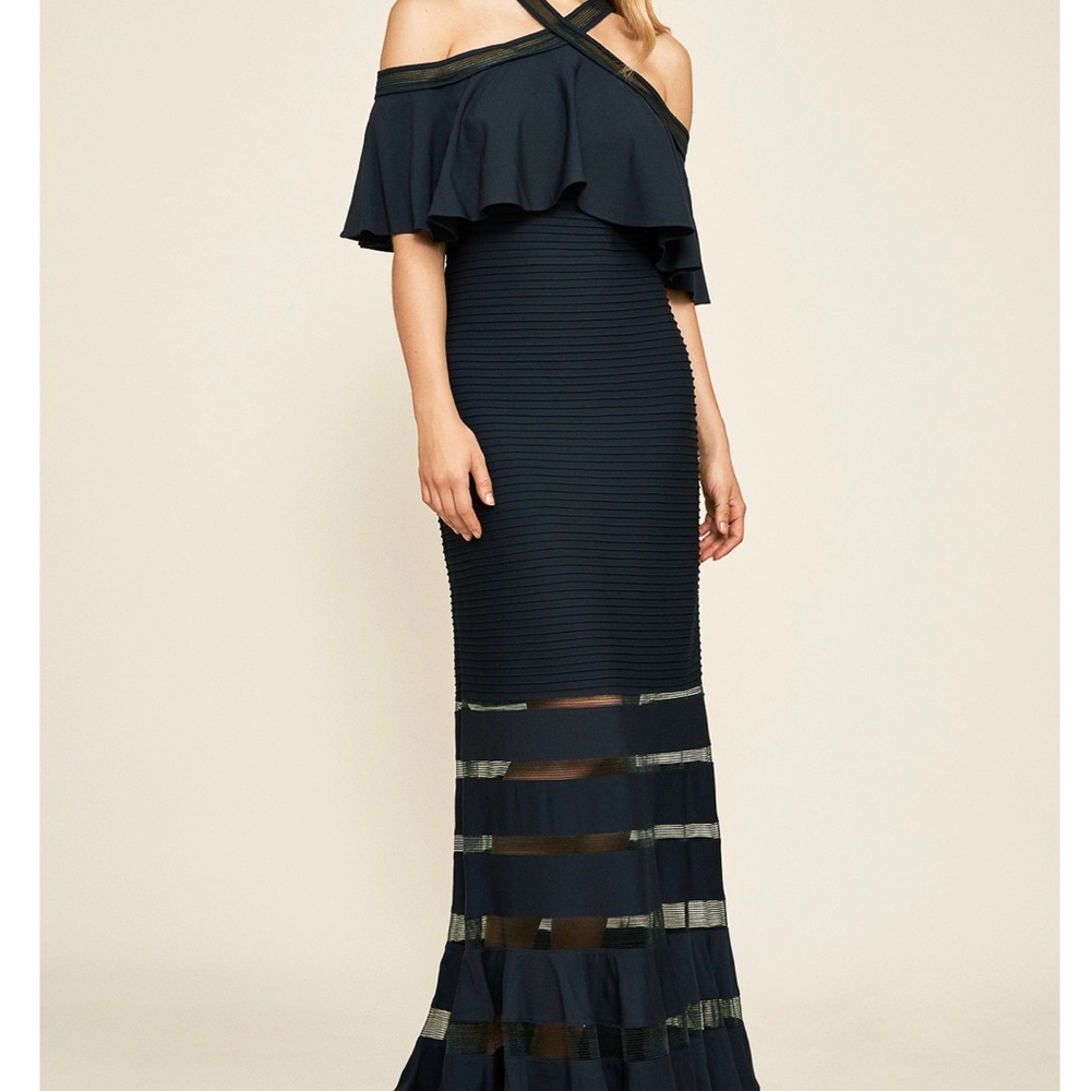 Crystal pin tuck jersey halter cold shoulder grown